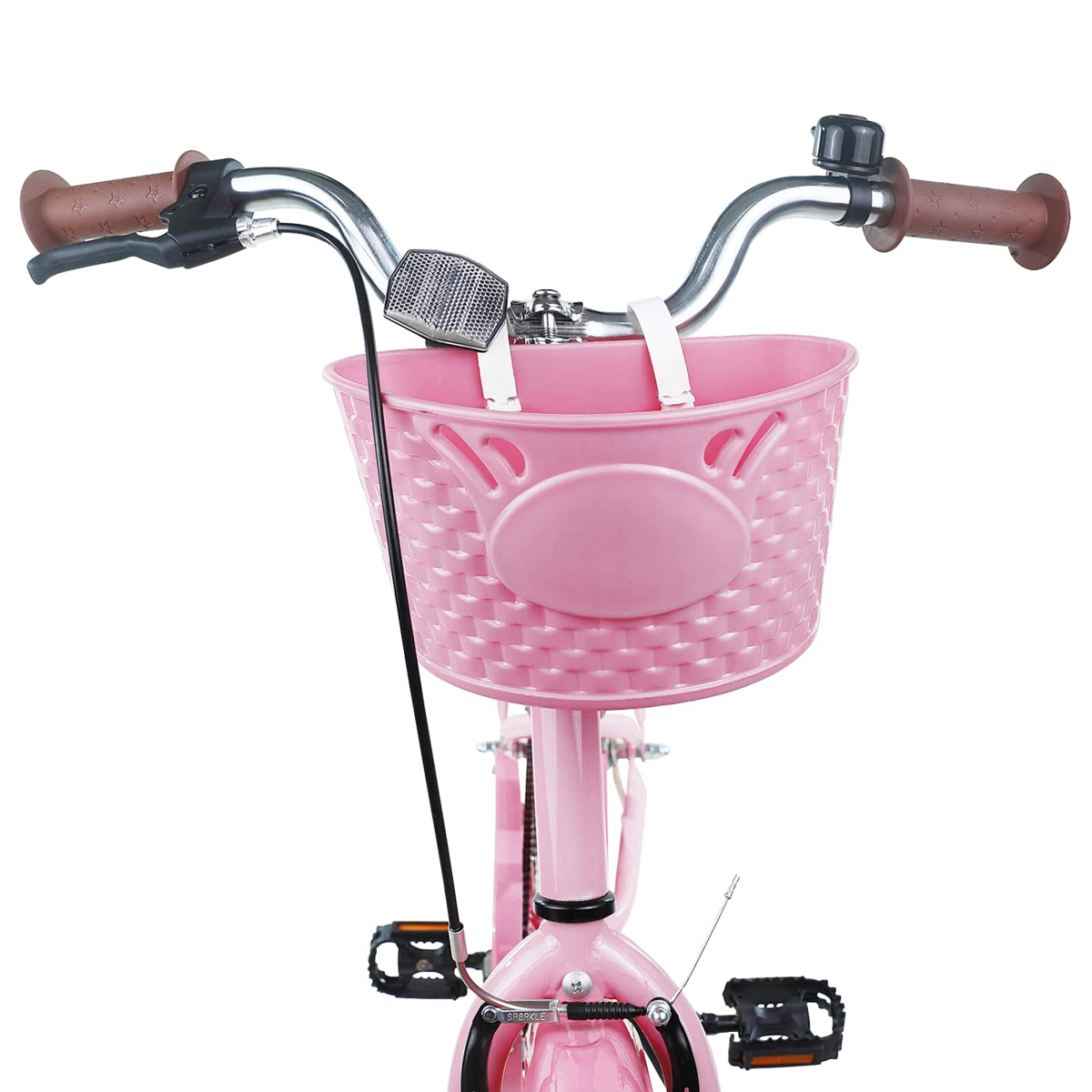 Ein pinkes Fahrrad vorne mit Lenker, Klingel, pinkem Korb und Pedalen.