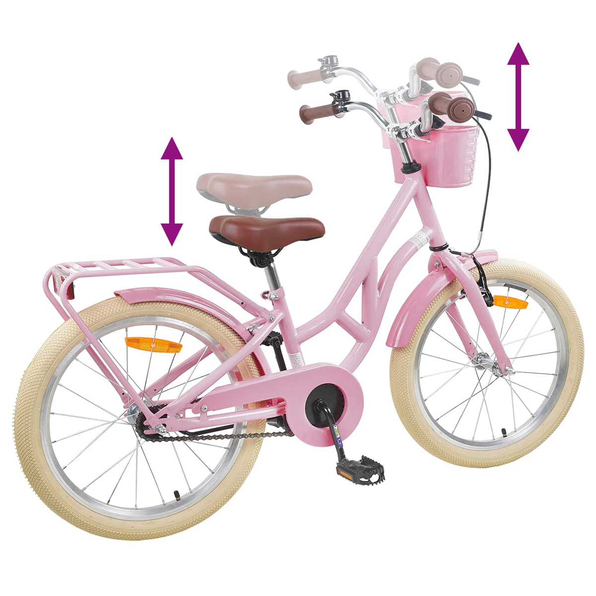 Ein rosafarbenes Fahrrad mit verstellbarem Sitz und Lenker.