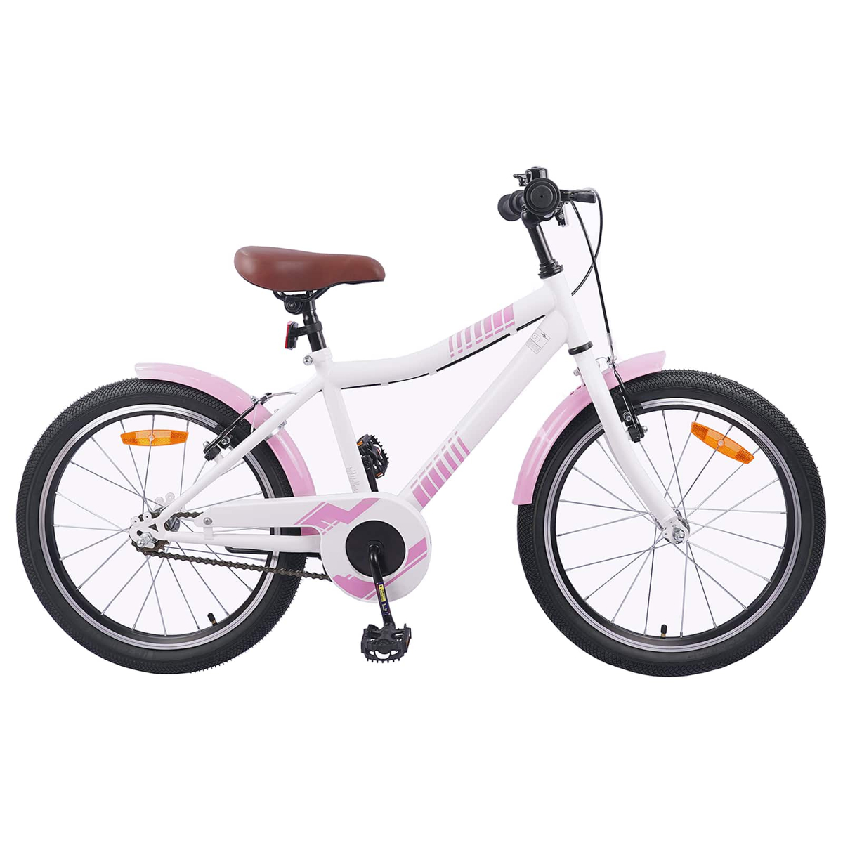 Ein weißes Kinderfahrrad mit rosa Akzenten und braunem Sattel.