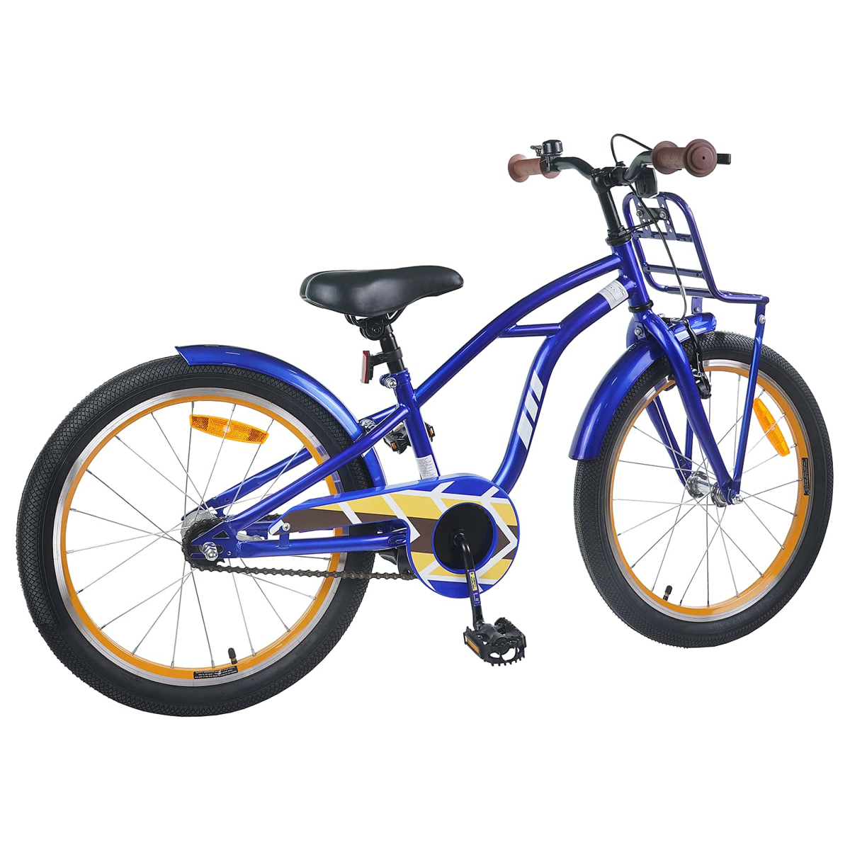 Ein blaues Fahrrad mit braunem Lenker und Sitz und orangen Felgen.