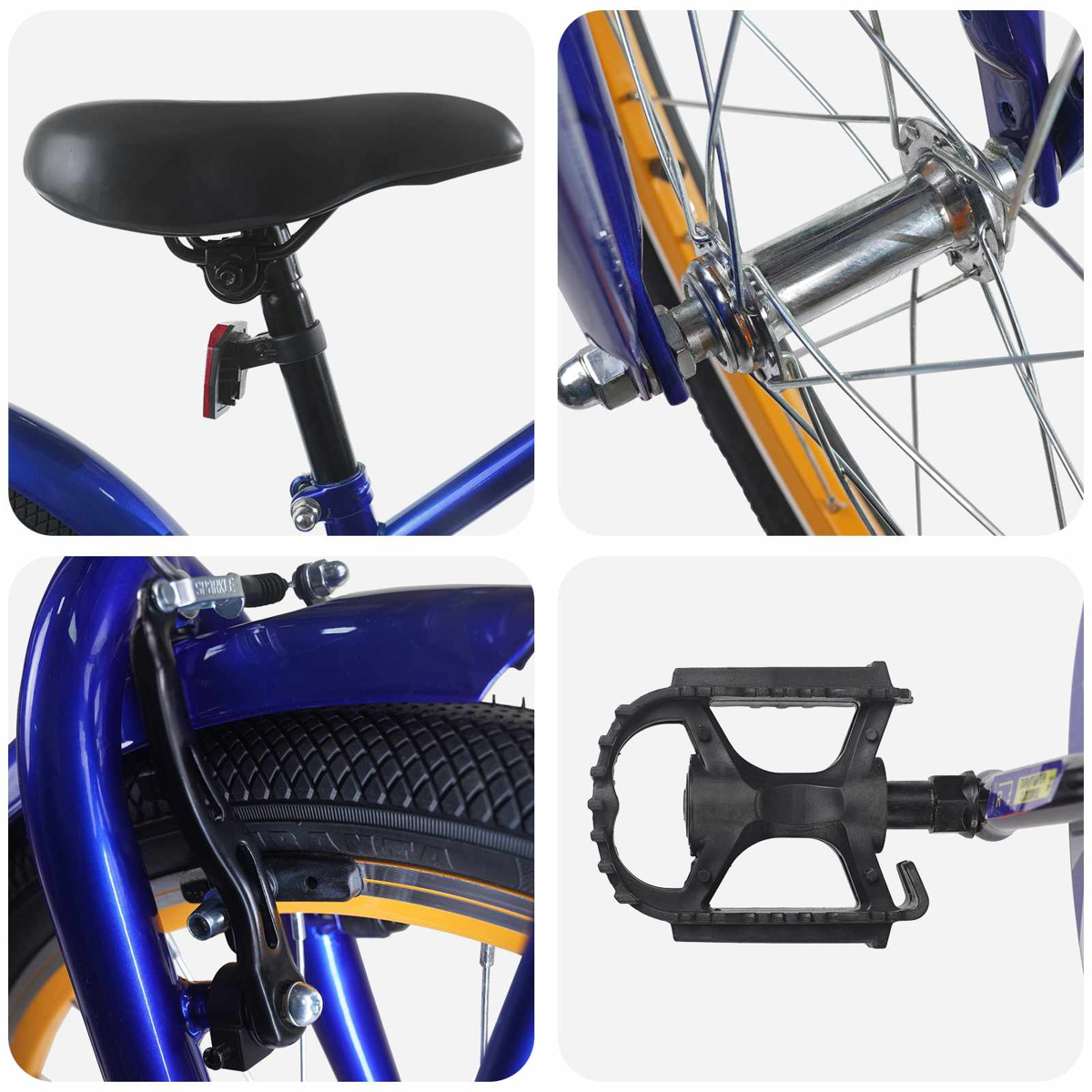 Collage von Fahrradteilen: Sattel, Vorderradnabe, Bremse und Pedal.