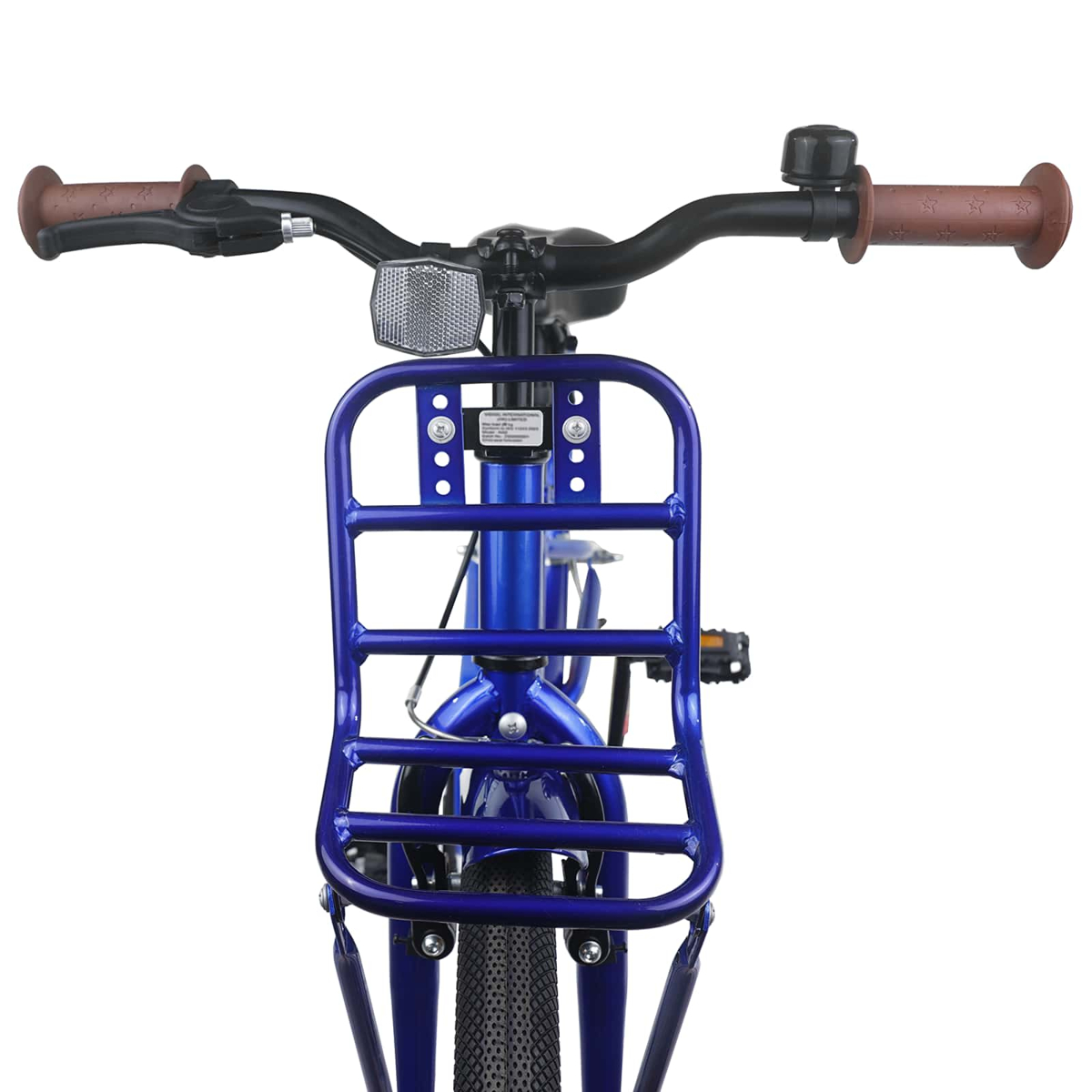 Vorderansicht eines blauen Fahrrads mit Vorderradkorb, braunem Lenker und Klingel.