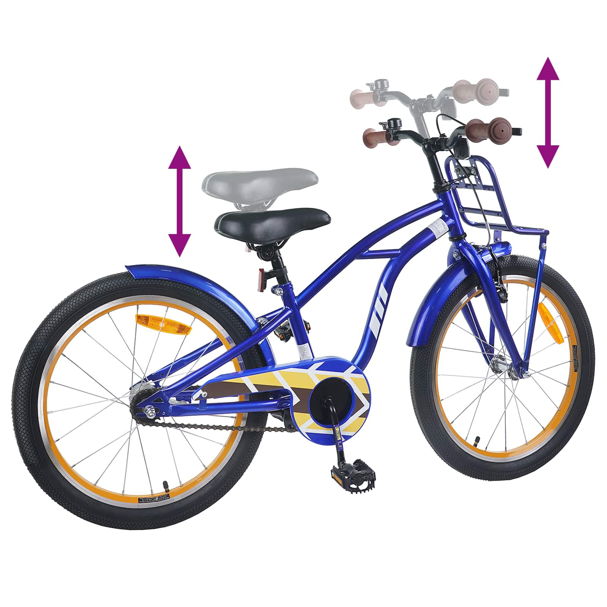 Blaues Fahrrad mit verstellbarem Sattel und Lenker, weißen Akzenten und orangefarbenen Felgen.
