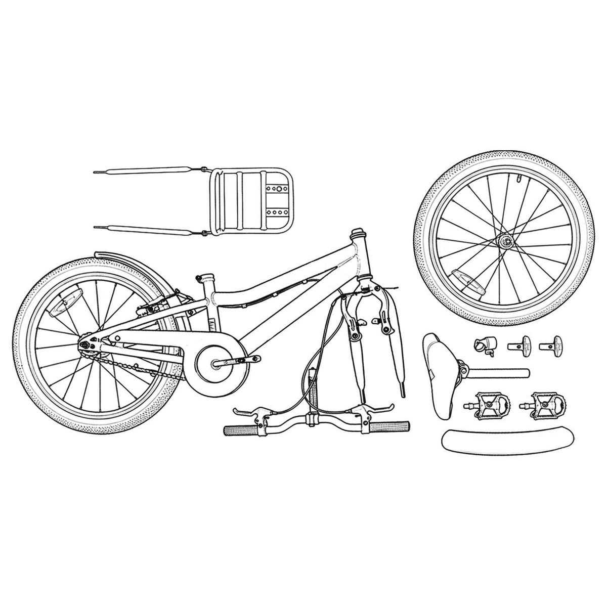 Zerlegte Fahrradteile: Rahmen, Räder, Sattel, Pedale, Gepäckträger.