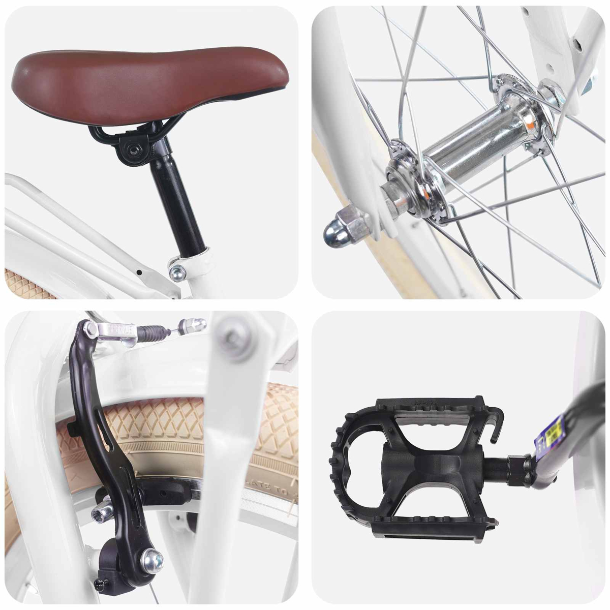 Detailansichten eines weißen Fahrrads: brauner Sattel, Vorderradnabe, Bremse, schwarzes Pedal.