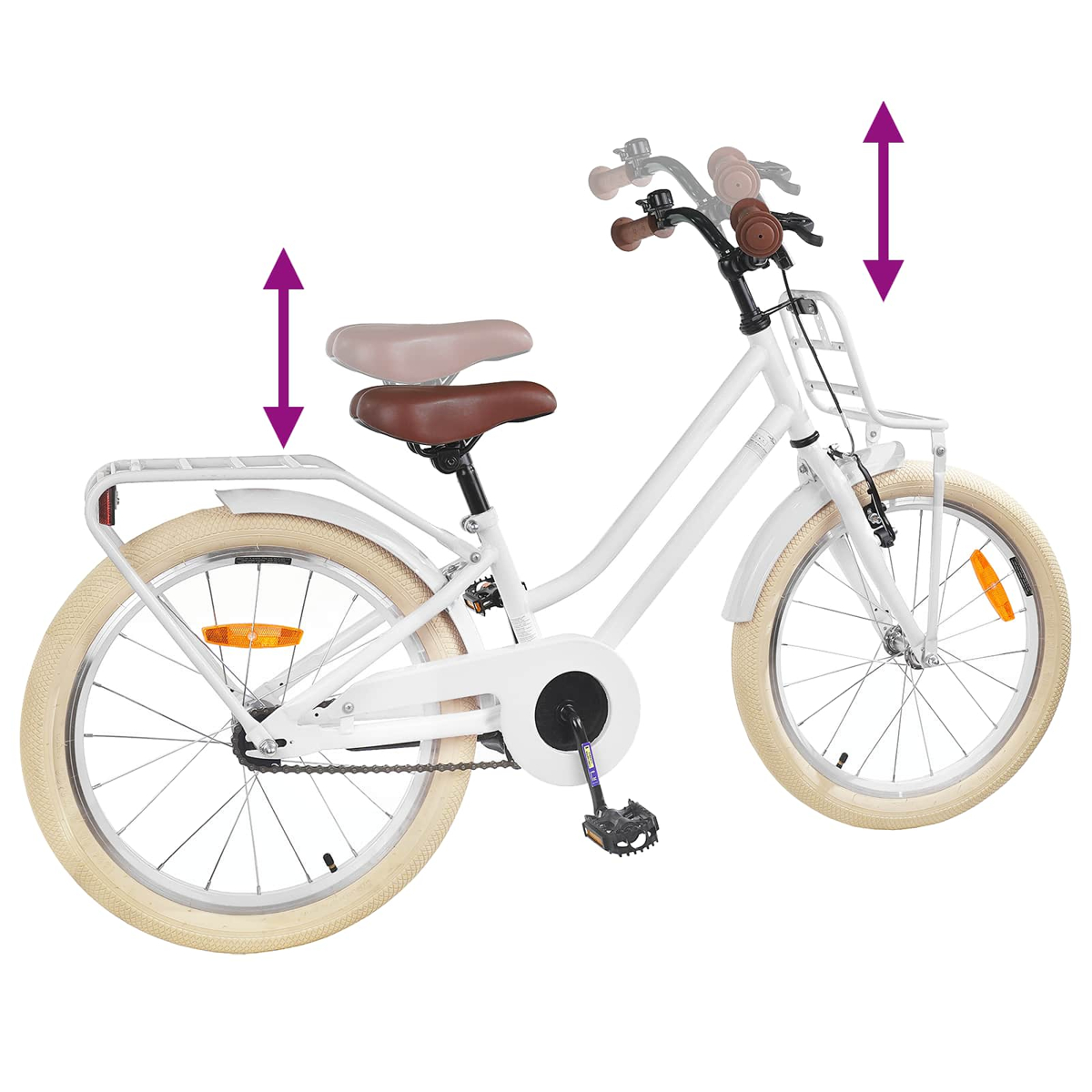 Weißes Kinderfahrrad mit verstellbarem Sattel und Lenker, mit lila Pfeilen gezeigt.