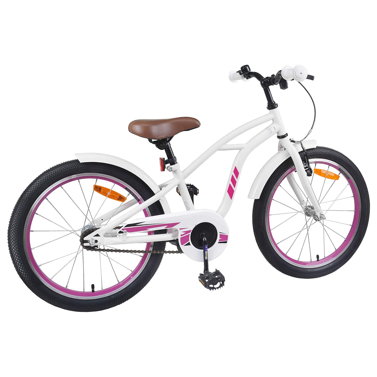 Ein weißes Kinderfahrrad mit braunem Sattel und pinken Akzenten auf den Felgen.
