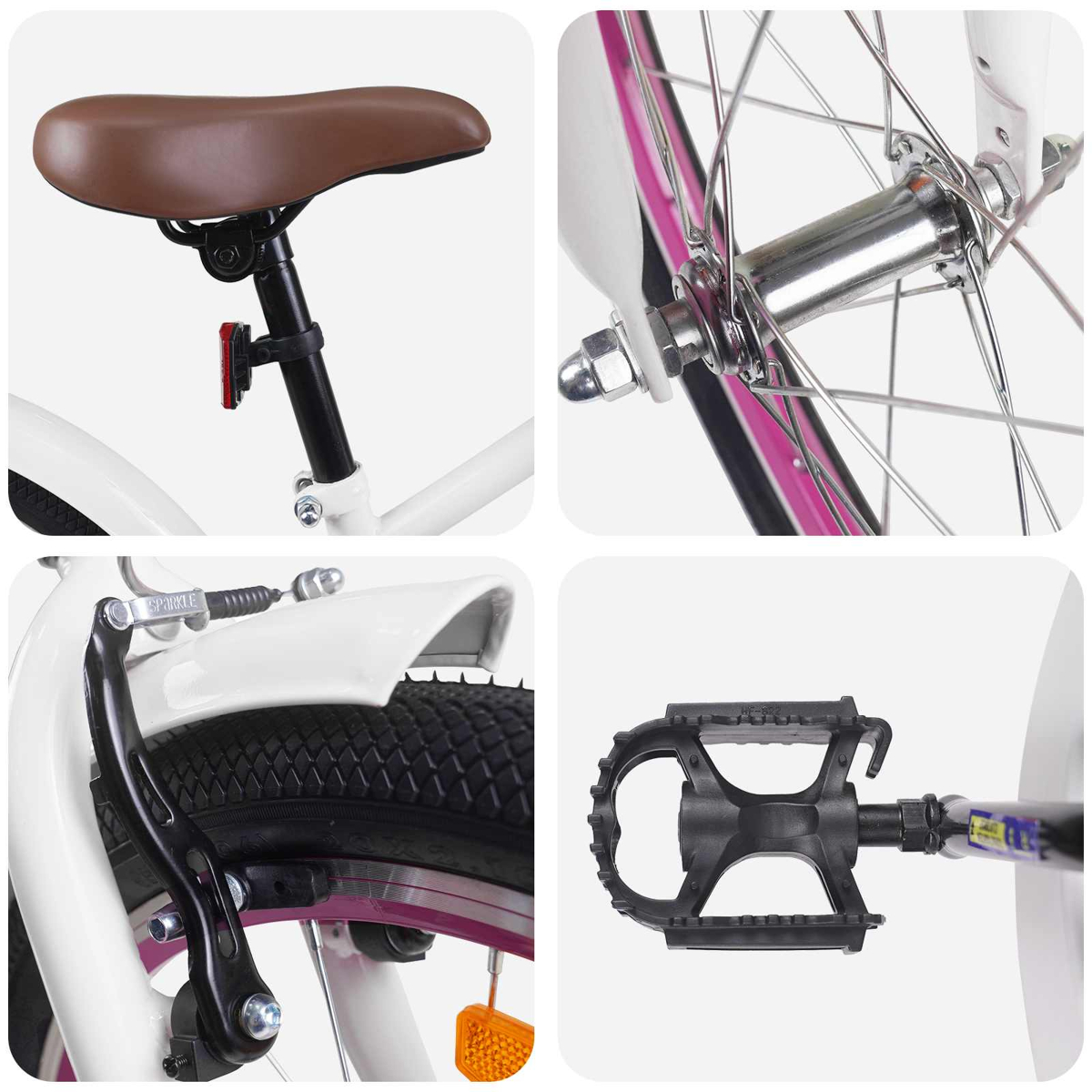 Details einer weißen Kinderfahrrads: Sattel, Radnabe, Bremse und Pedal.