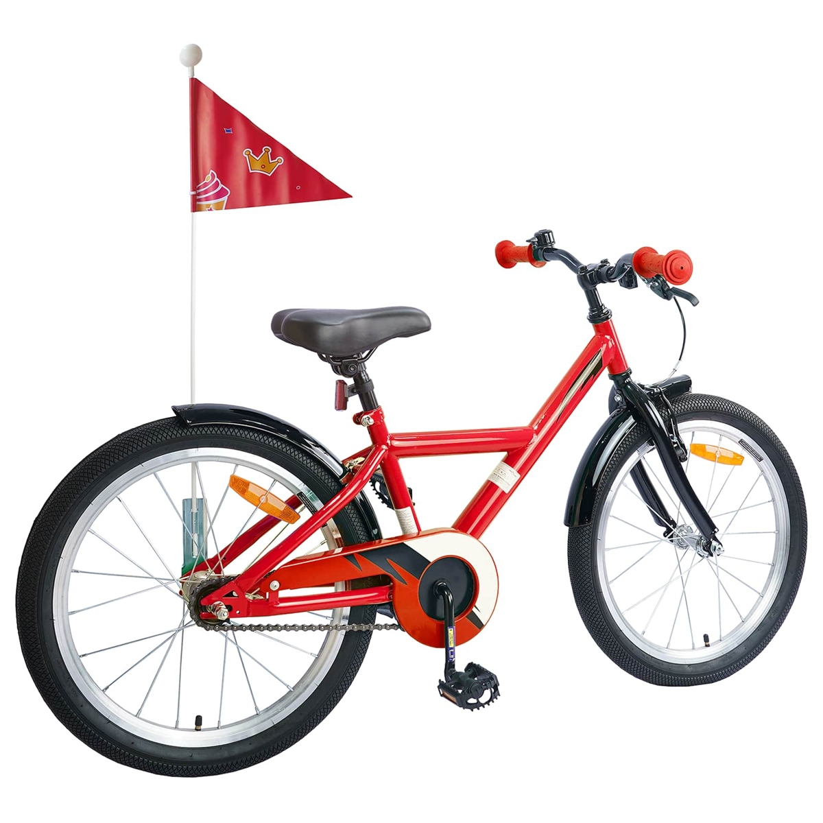 Ein rotes Kinderfahrrad mit schwarzen Schutzblechen und einer roten Fahne mit Cupcake-Motiv.