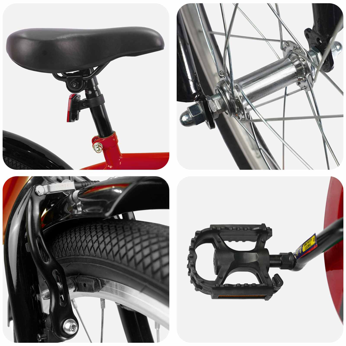 Vier Nahaufnahmen eines Fahrrads: Sattel, Nabe, Bremse, Pedal.