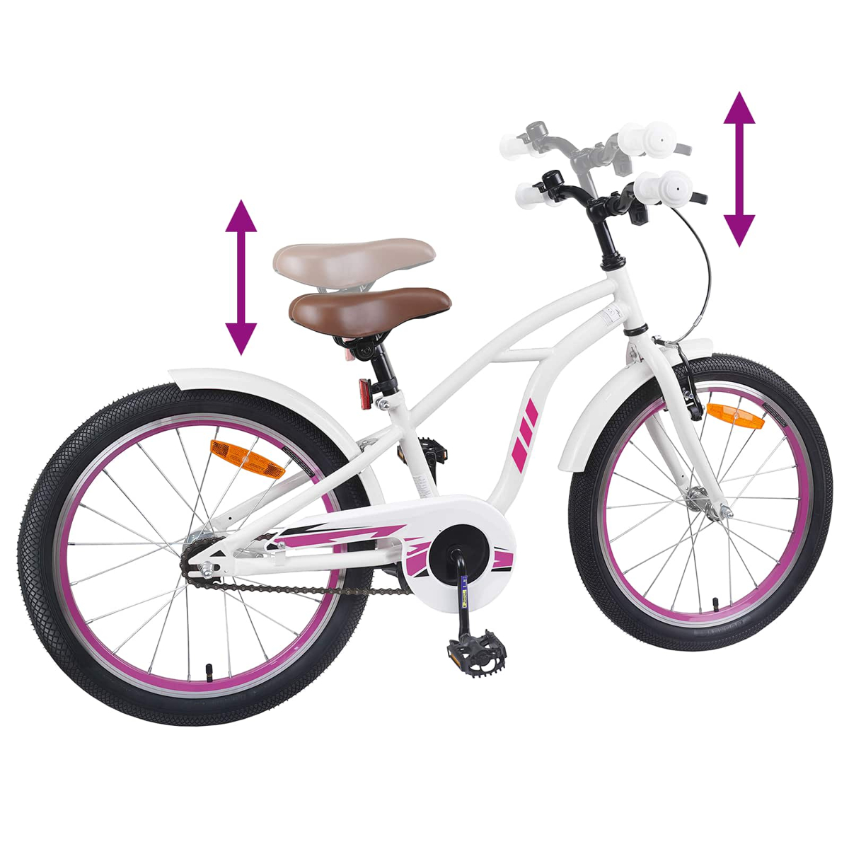 Weißes Fahrrad mit pinken Akzenten, verstellbarer Sitz und Lenker.