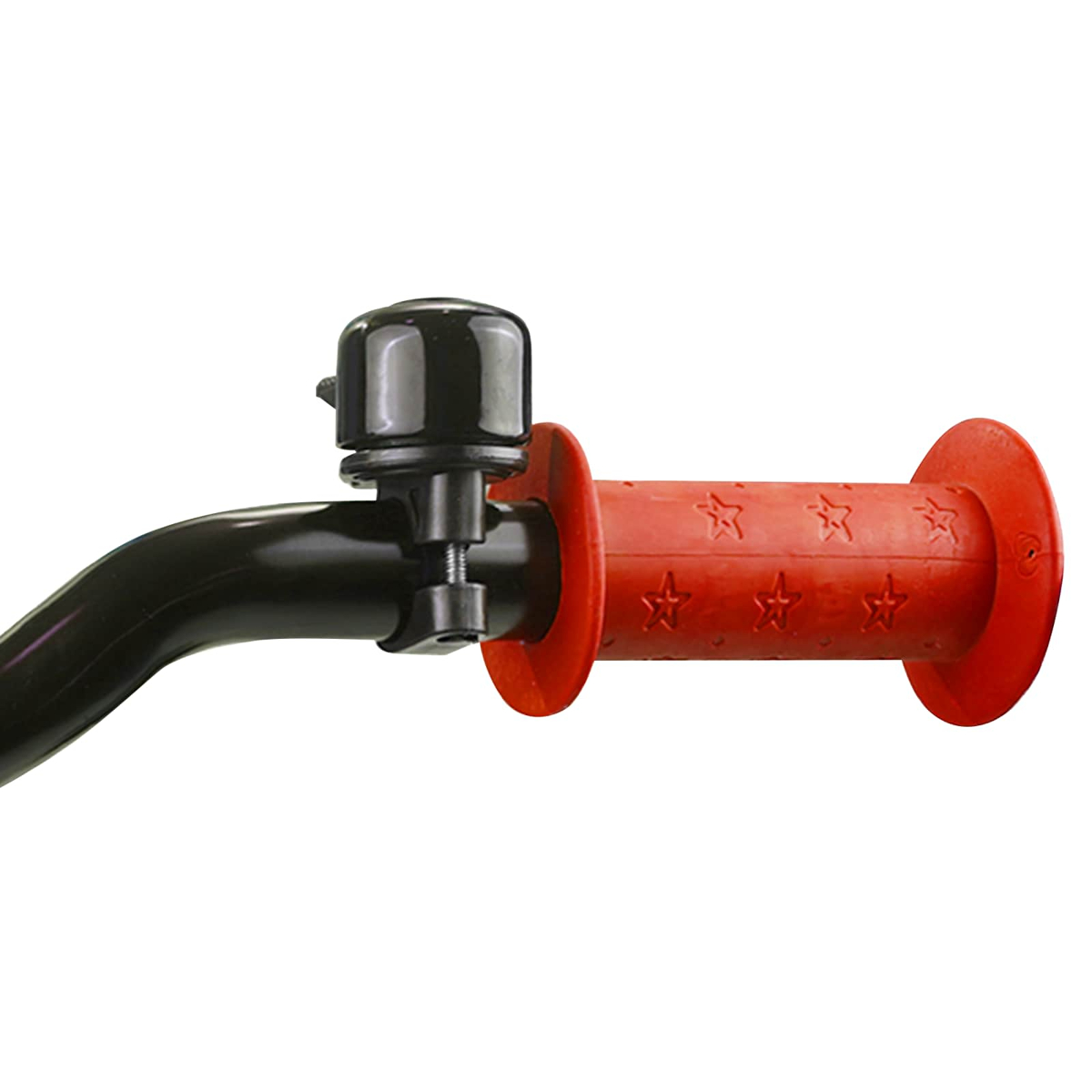 Schwarze Fahrradklingel und roter Griff mit Sternenmuster.