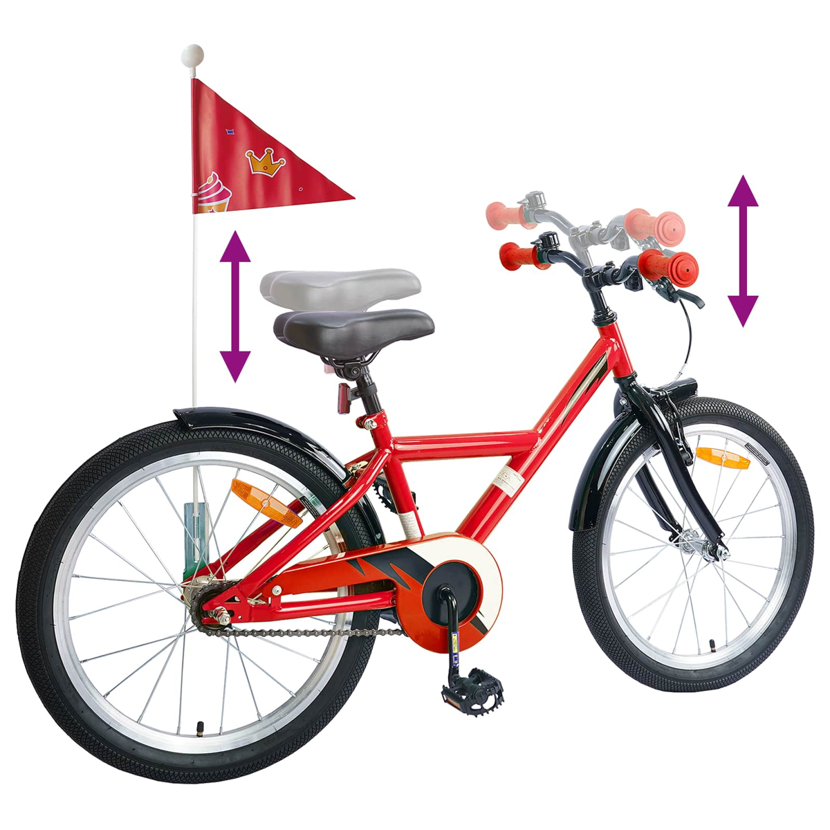 Ein rotes Kinderfahrrad mit einem Fähnchen, verstellbarer Sitzhöhe und Lenker.