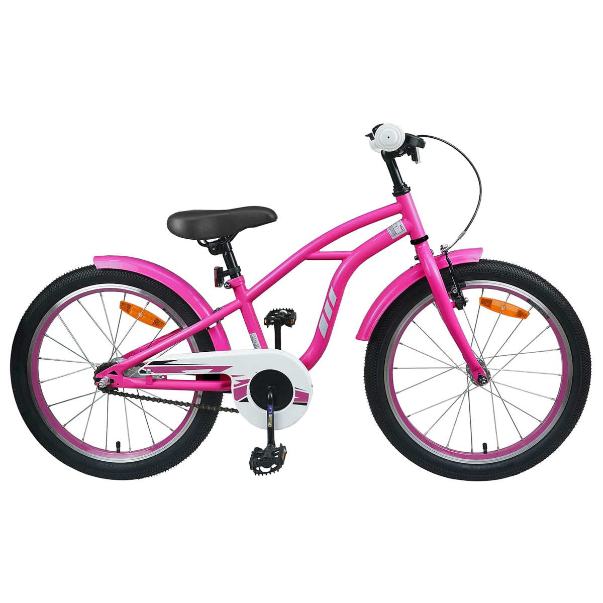 Ein pinkes Kinderfahrrad mit weißen Akzenten und schwarzem Sattel, auf weißem Hintergrund.