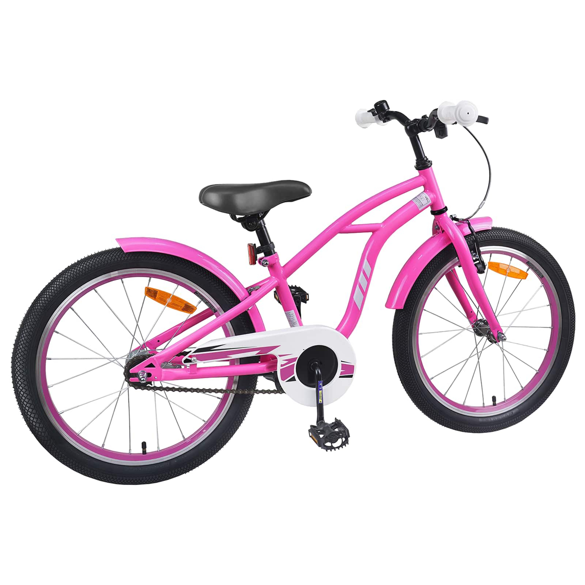 Ein leuchtend pinkes Kinderfahrrad mit schwarzen Reifen, schwarzem Sitz und weißen Lenkergriffen, vor weißem Hintergrund.