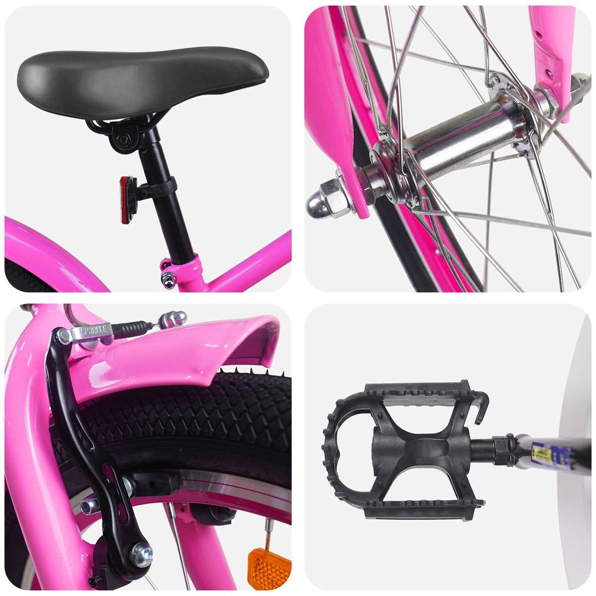 Collage aus pinken Fahrradteilen: Sattel, Radnabe, Bremse und Pedal.