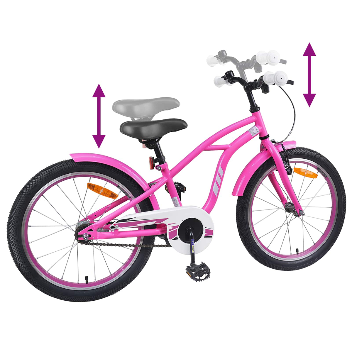 Ein pinkes Kinderfahrrad mit verstellbarem Lenker und Sattel.