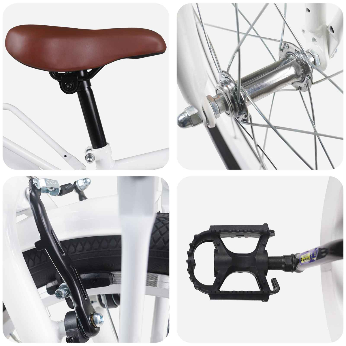Vier Nahaufnahmen von Fahrradteilen: Sattel, Vorderradnabe, Bremse, Pedal.