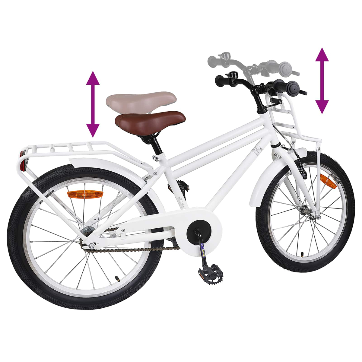 Weißes Fahrrad mit verstellbarem Sattel und Lenker, auf weißem Hintergrund.