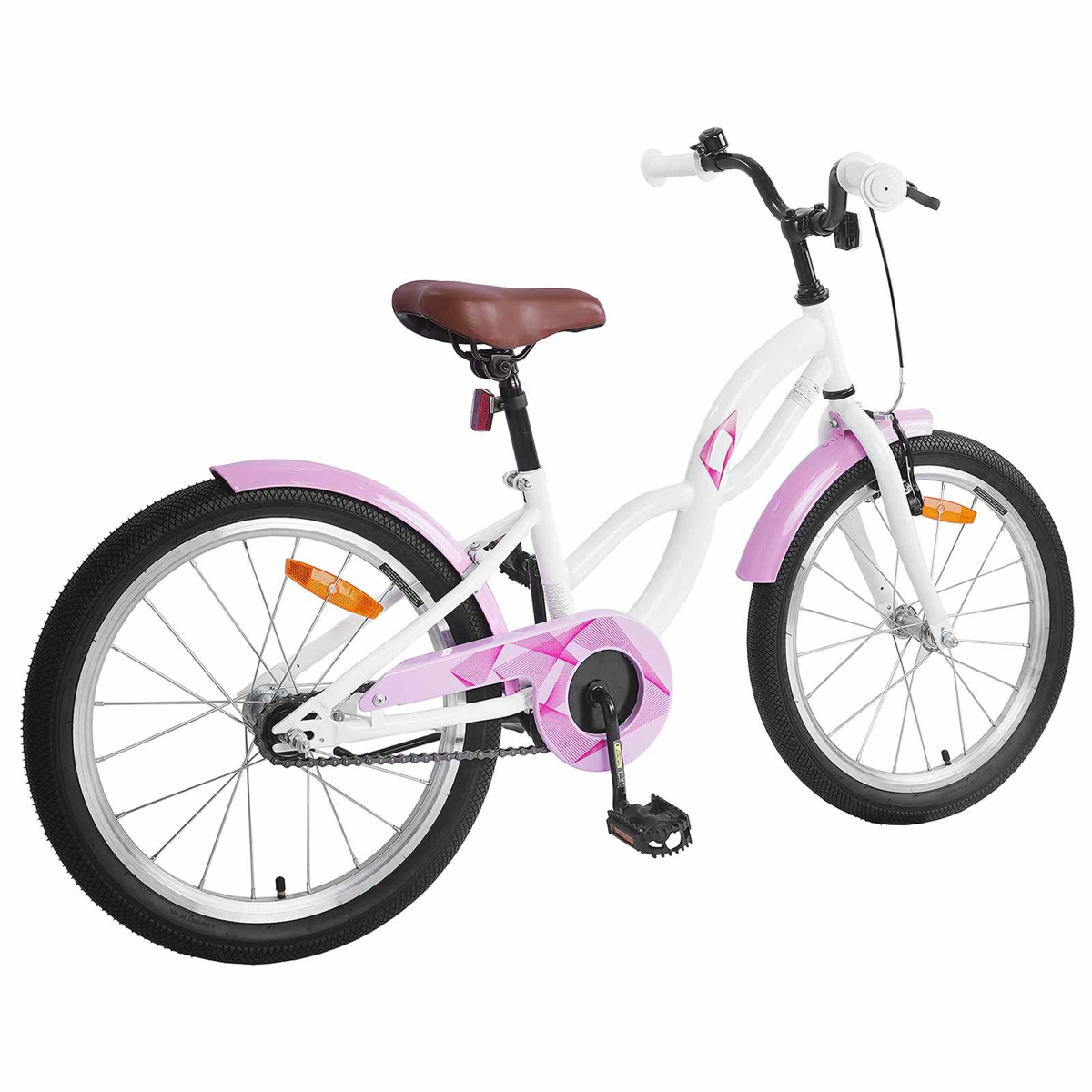 Ein weißes Kinderfahrrad mit rosa Akzenten, braunem Sattel und schwarzen Reifen.