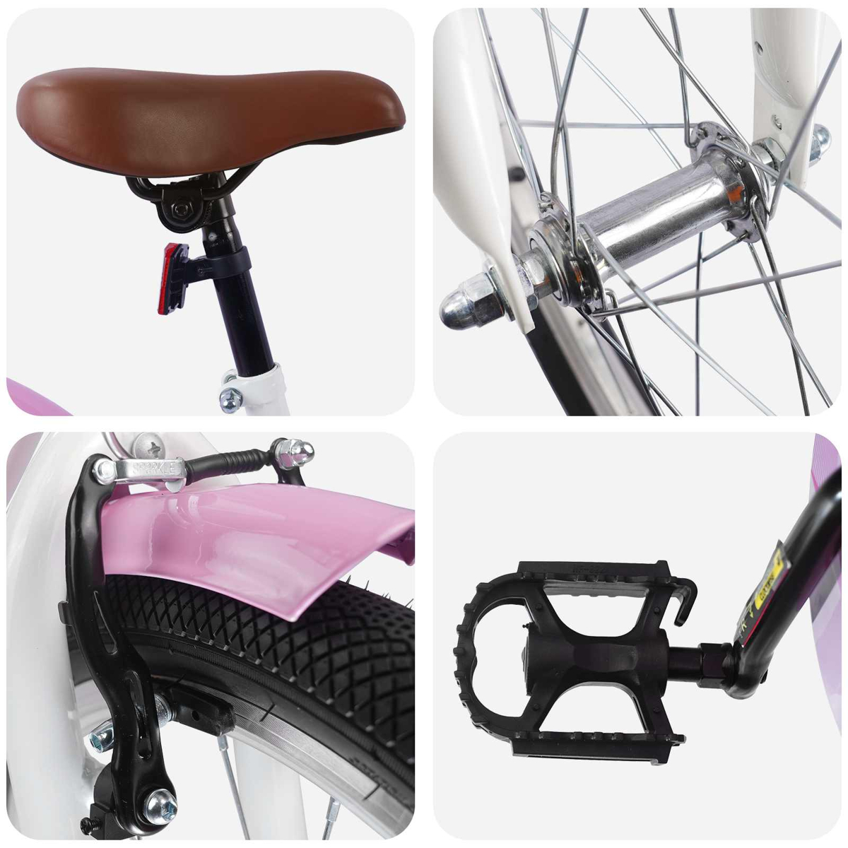 Details eines Fahrrads: brauner Sattel, Radnabe, pinker Schutzblech, Bremse, schwarzer Pedal.