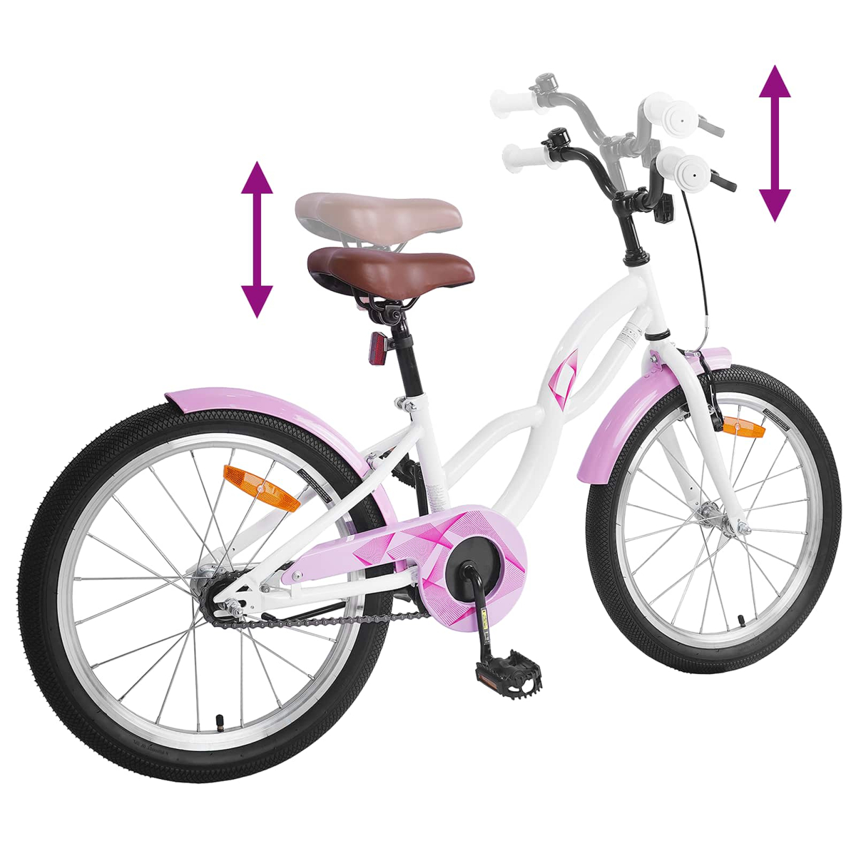 Ein weißes Kinderfahrrad mit rosa Akzenten und verstellbarem Sattel/Lenker.