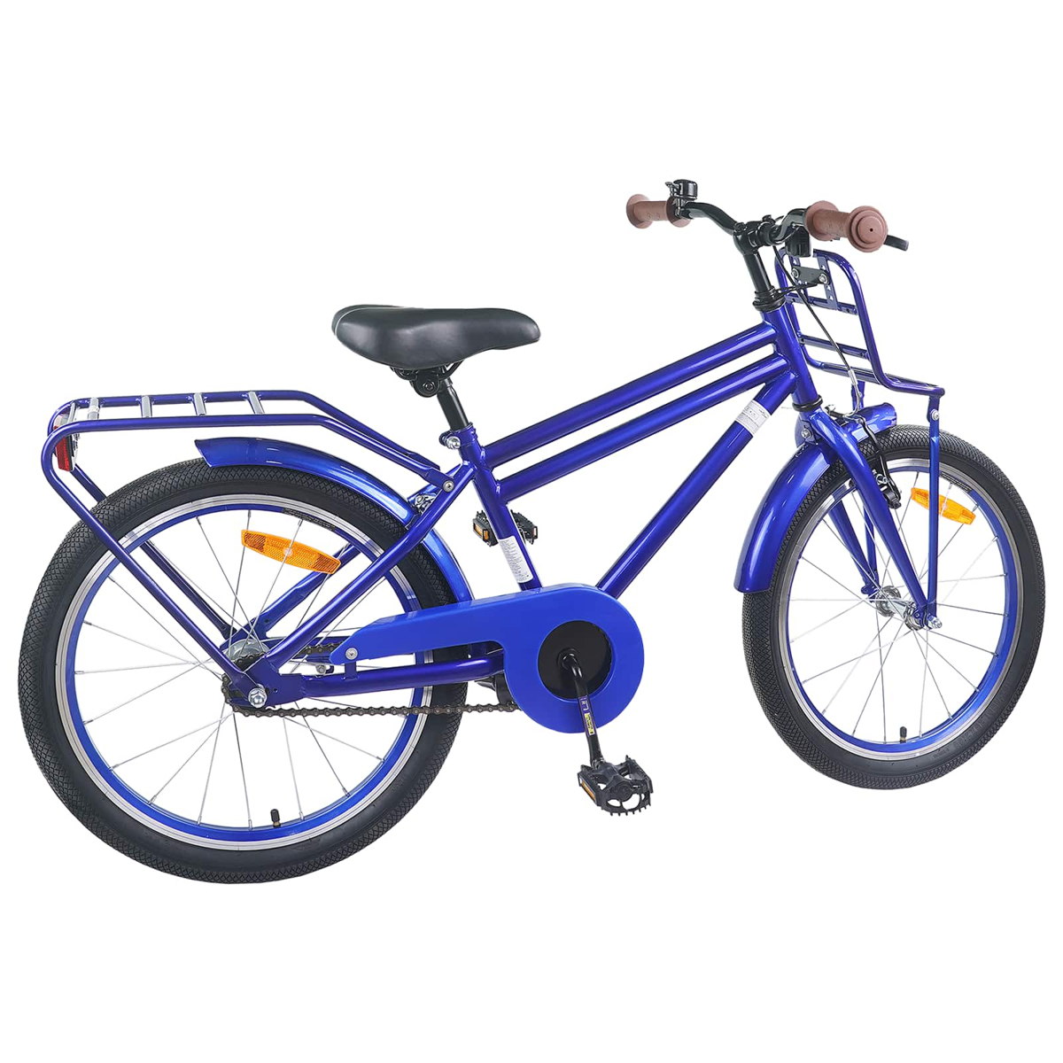 Ein blaues Kinderfahrrad mit Gepäckträger vorne und hinten, weißem Rahmen und braunen Griffen.