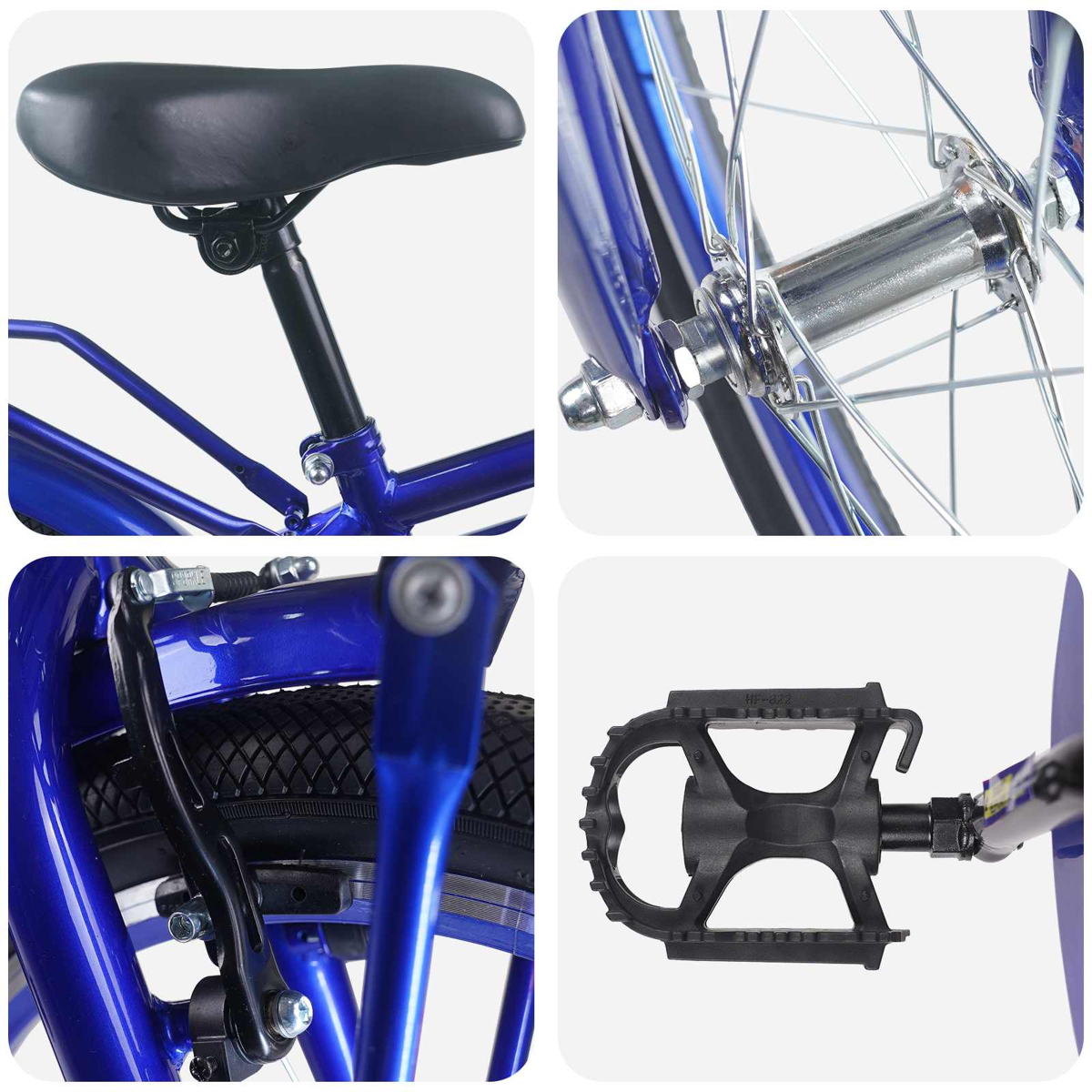Blaue Fahrradteile: Sattel, Vorderradnabe, Bremse und Pedal.