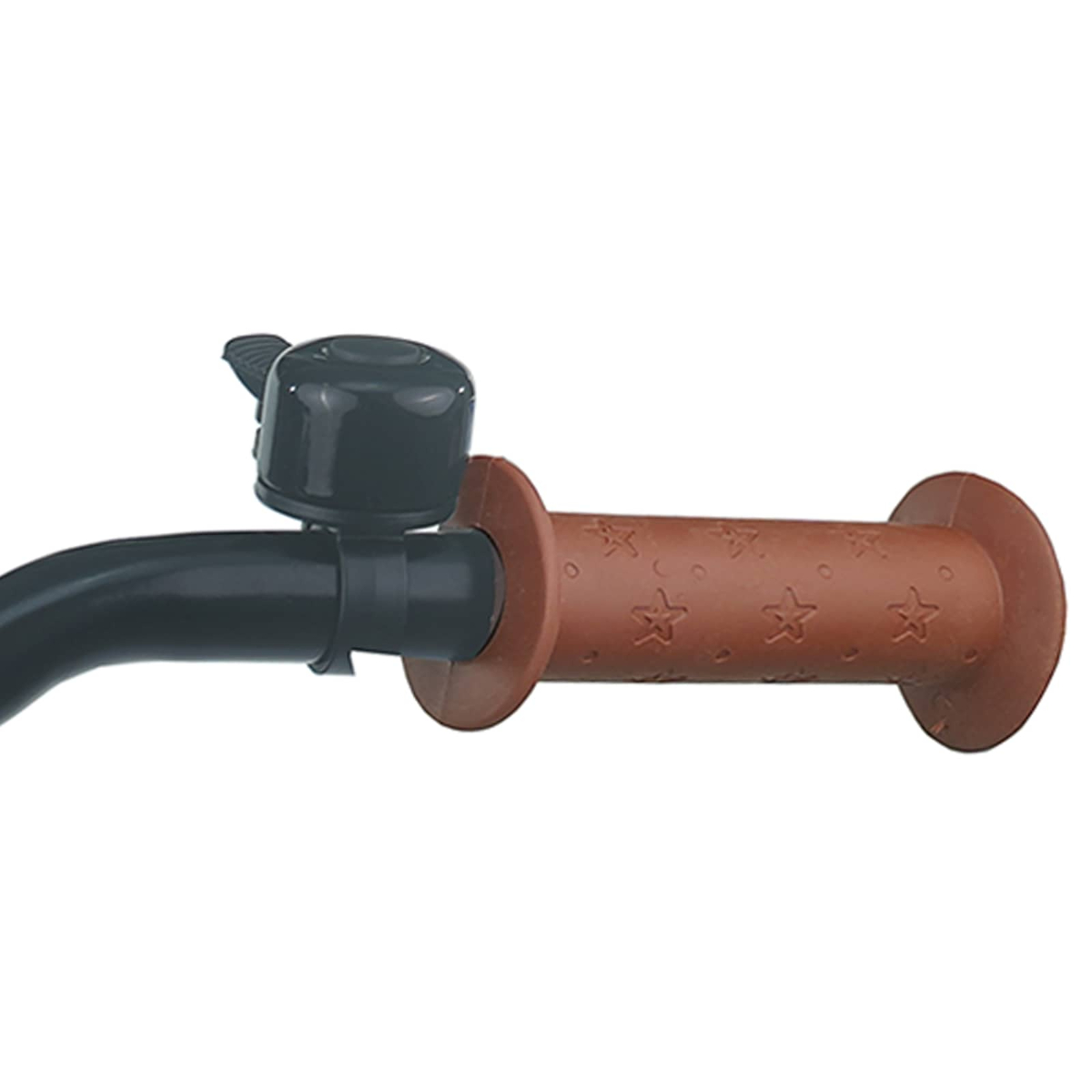 Eine schwarze Fahrradklingel ist an einem dunklen Lenker mit braunem Griff mit Sternenmuster montiert.
