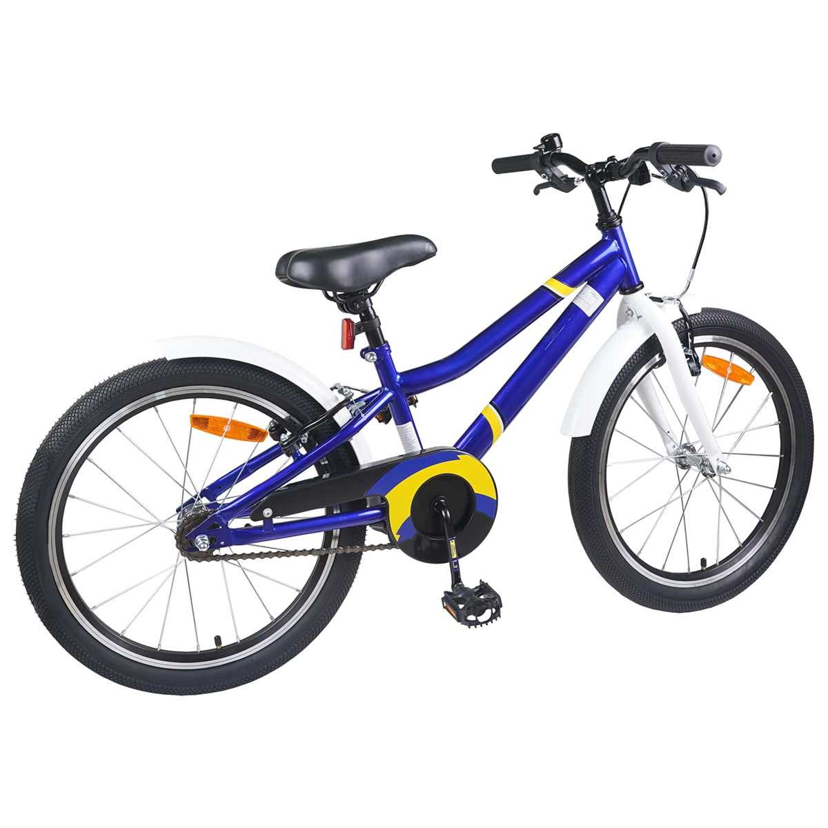 Ein blaues Fahrrad mit weißen Schutzblechen und gelben Akzenten.