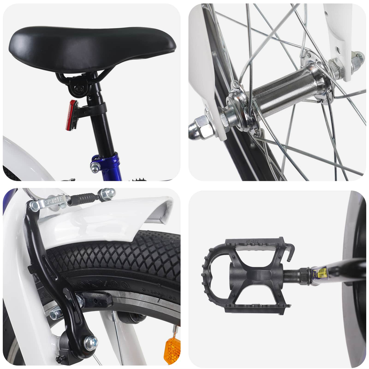 Nahaufnahme von Fahrradteilen: Sattel, Vorderradnabe, Bremse und Pedal.