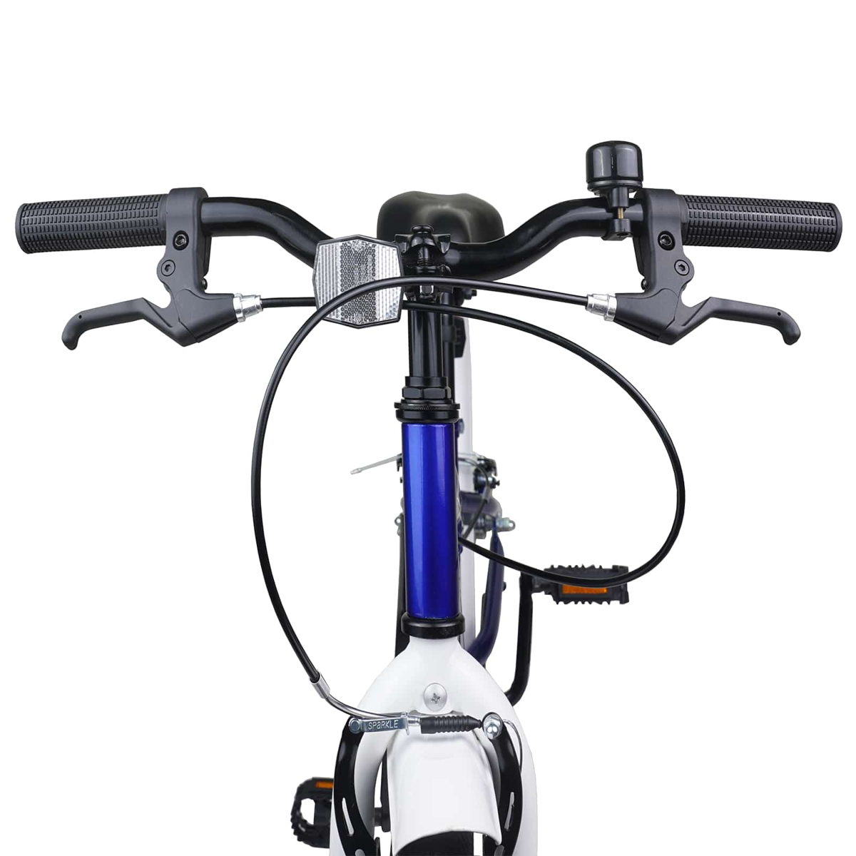 Vorderansicht eines weißen Fahrrads mit schwarzem Lenker, Klingel und Bremsen.