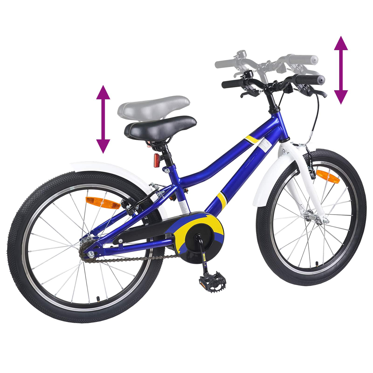 Blaues Fahrrad mit verstellbarem Sattel und Lenker, weiße Schutzbleche.