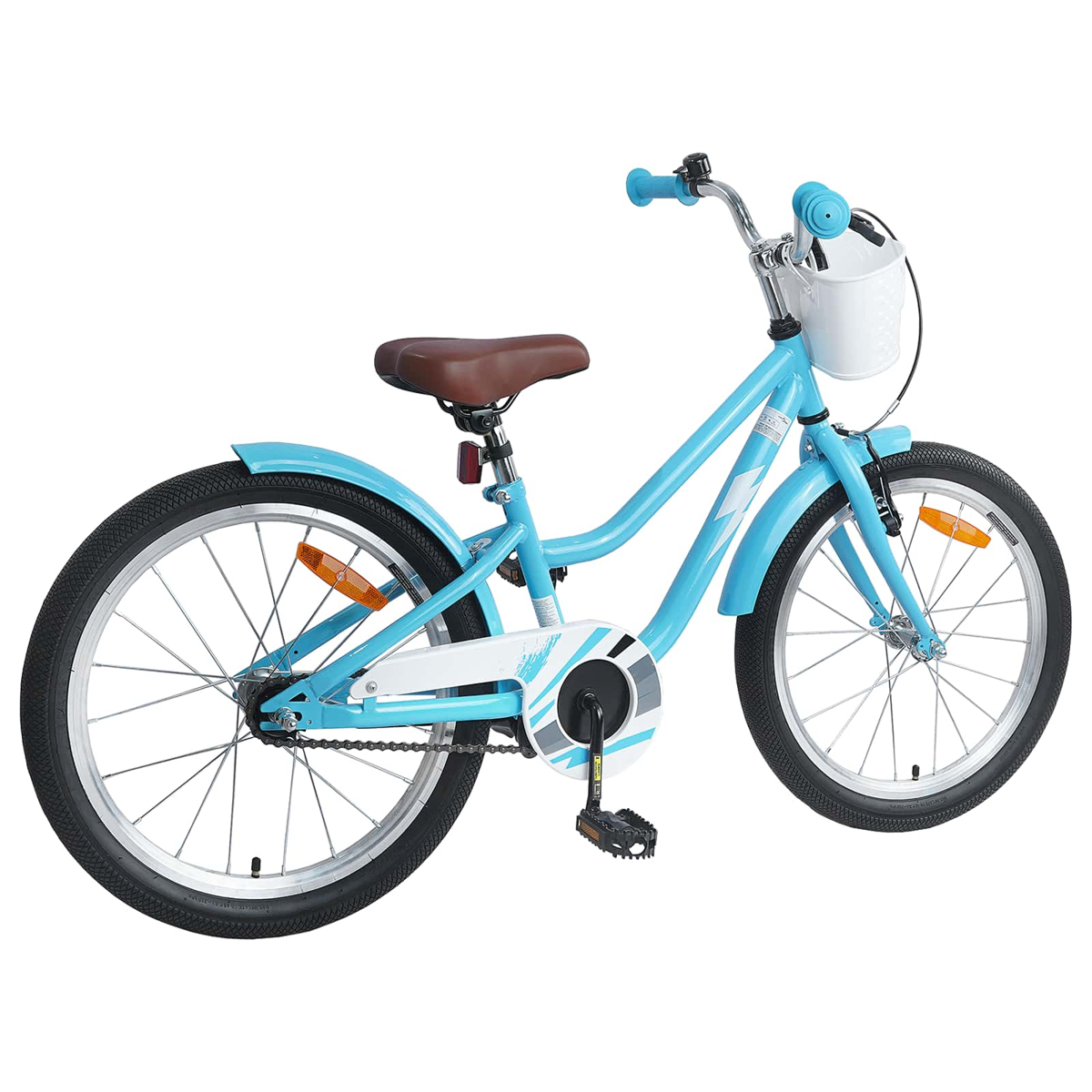 Ein hellblaues Fahrrad mit braunem Sitz und weißem Korb am Lenker.