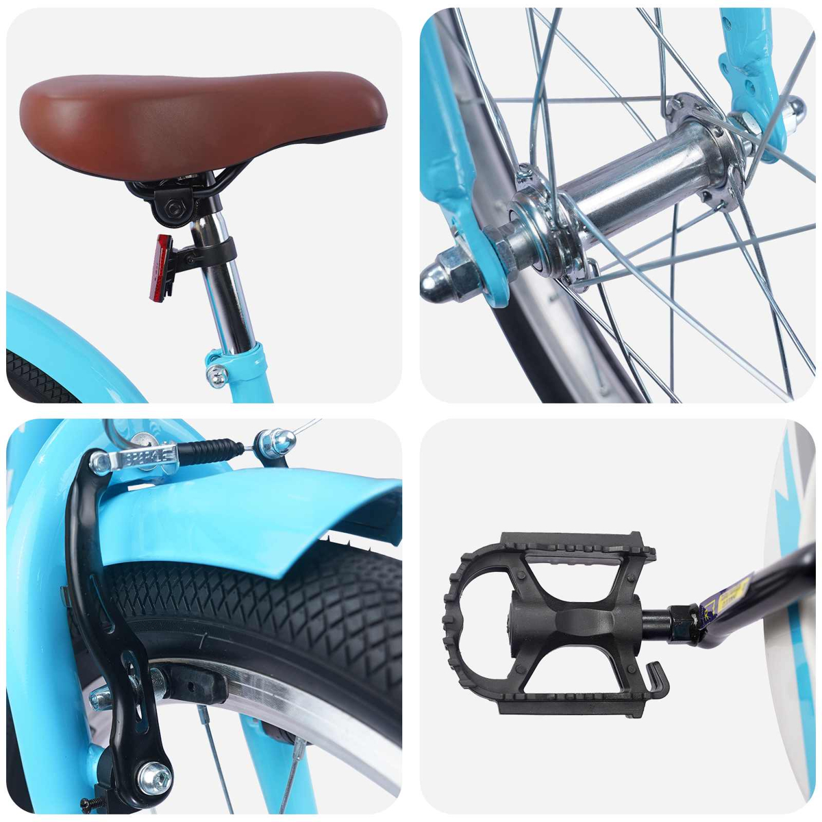 Vier Nahaufnahmen eines blauen Fahrrads: Sattel, Vorderradnabe, Hinterradbremse und Pedal.