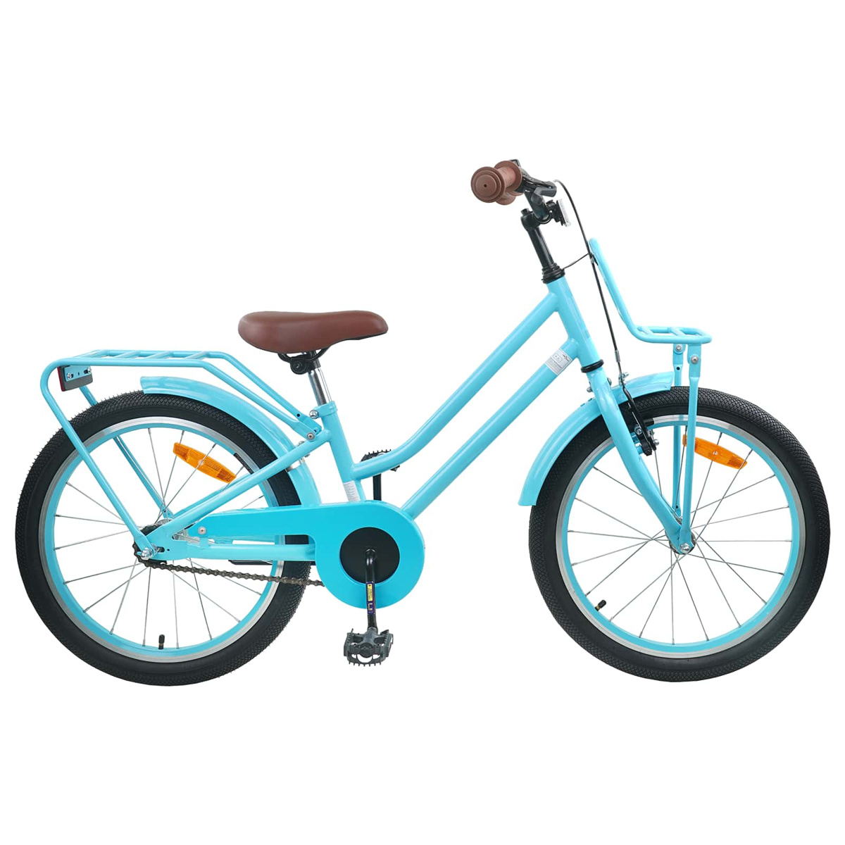 Ein hellblaues Fahrrad mit braunem Sattel und Griffen, mit Gepäckträger und Korb.