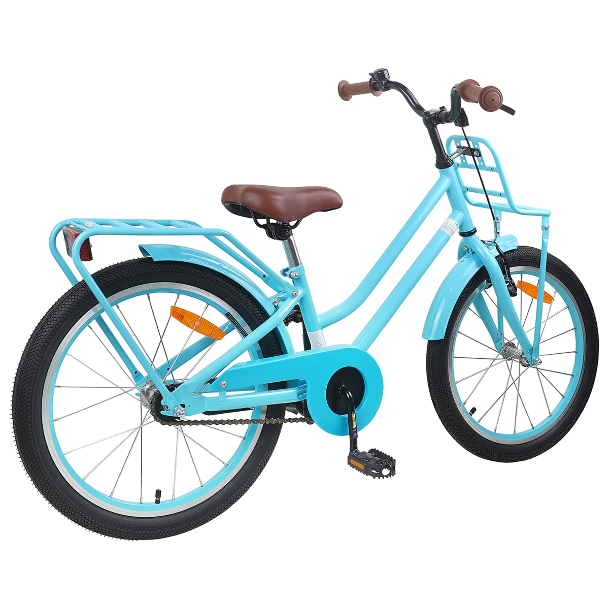 Ein hellblaues Fahrrad mit braunen Akzenten und schwarzen Reifen steht vor weißem Hintergrund.