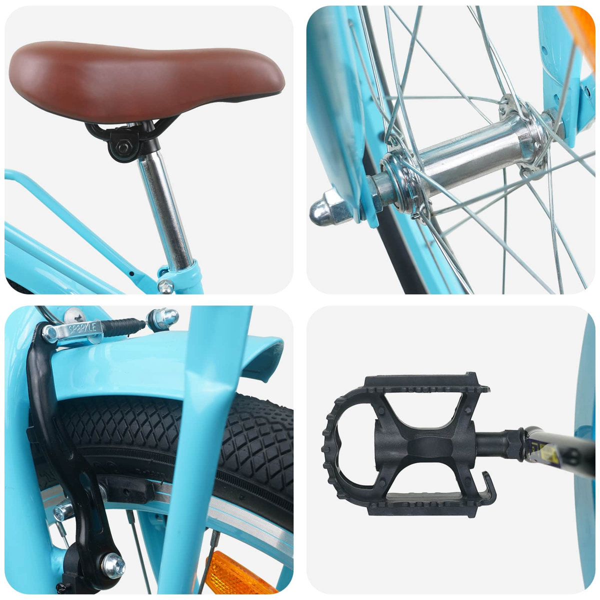 Collage aus Fahrradteilen: blauer Rahmen, brauner Sattel, Radnabe, Bremse und Pedal.