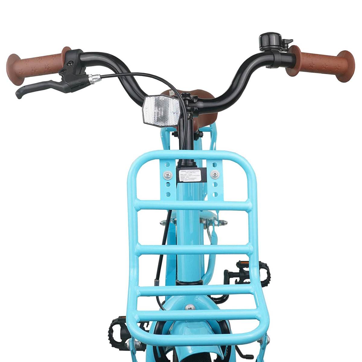 Blauer Fahrradfrontkorb mit braunen Griffen, Klingel und Reflektor.
