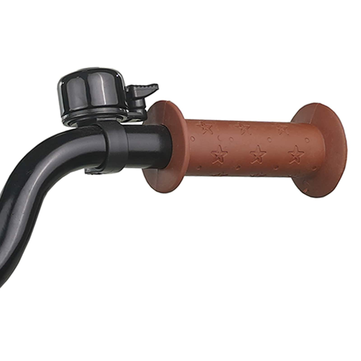 Schwarze Klingel und brauner Griff mit Sternenmuster auf einem Fahrradlenker.