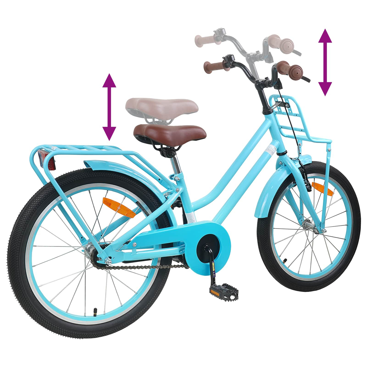 Ein hellblaues Fahrrad mit braunen Griffen und Sattel, verstellbar.