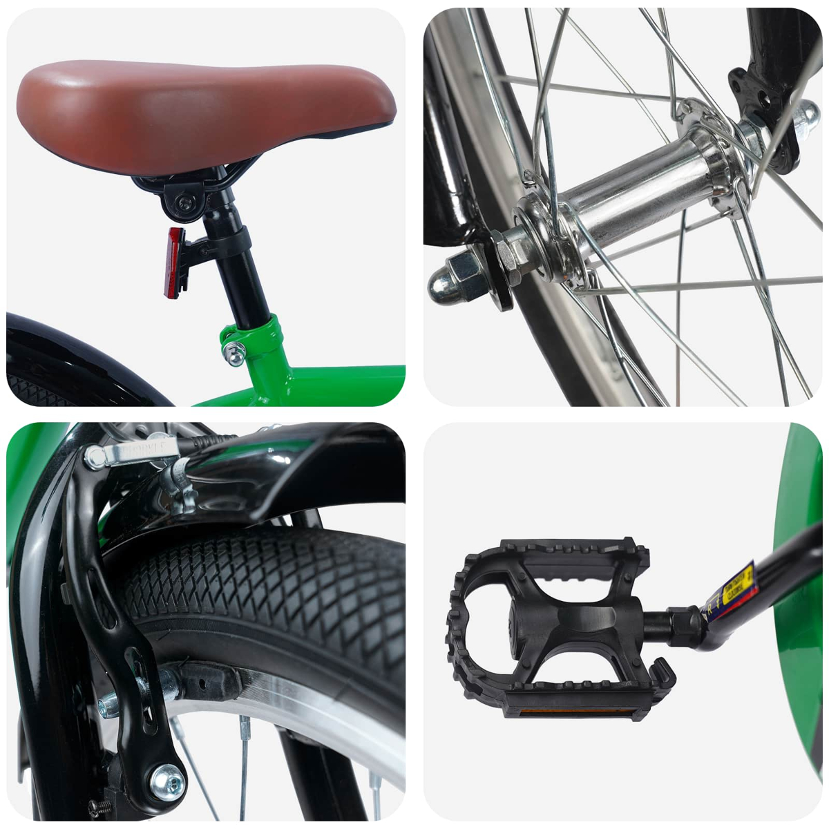 Nahaufnahme eines Fahrrads: Sattel, Radnabe, Bremse und Pedal.