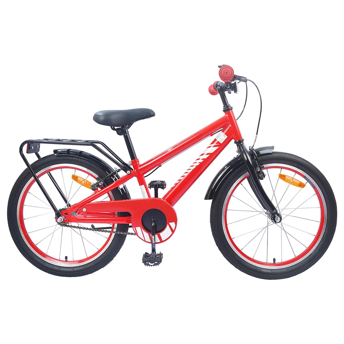Ein rotes Kinderfahrrad mit schwarzen Schutzblechen, Gepäckträger und roten Felgen.