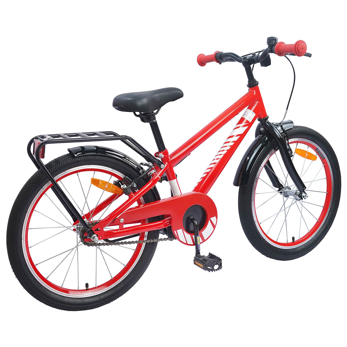 Ein rotes Kinderfahrrad mit schwarzen Schutzblechen, Gepäckträger und roten Radakzenten.
