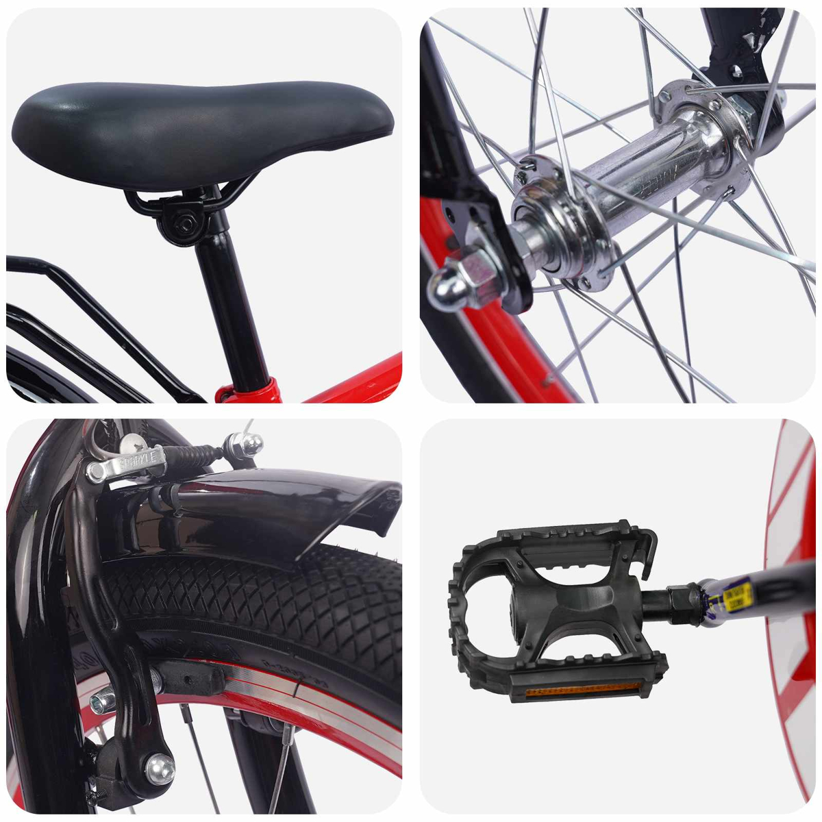 Nahaufnahme eines roten Fahrrads mit schwarzem Sattel, Radnabe, Bremse und Pedal.