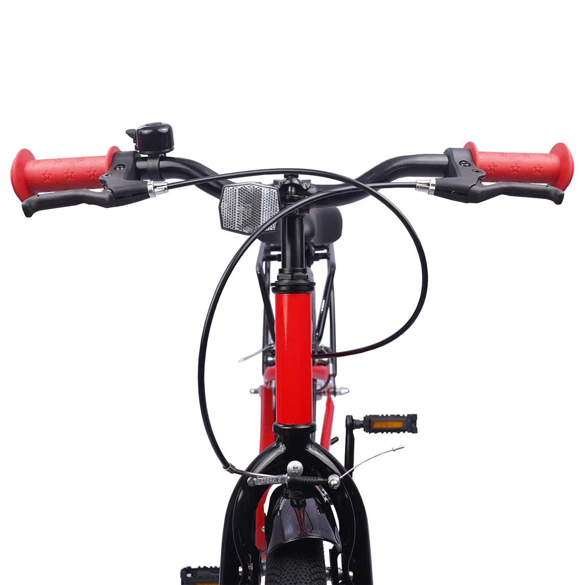 Vorderansicht eines roten Fahrrads mit roten Griffen, Klingel, Reflektor und Pedalen.