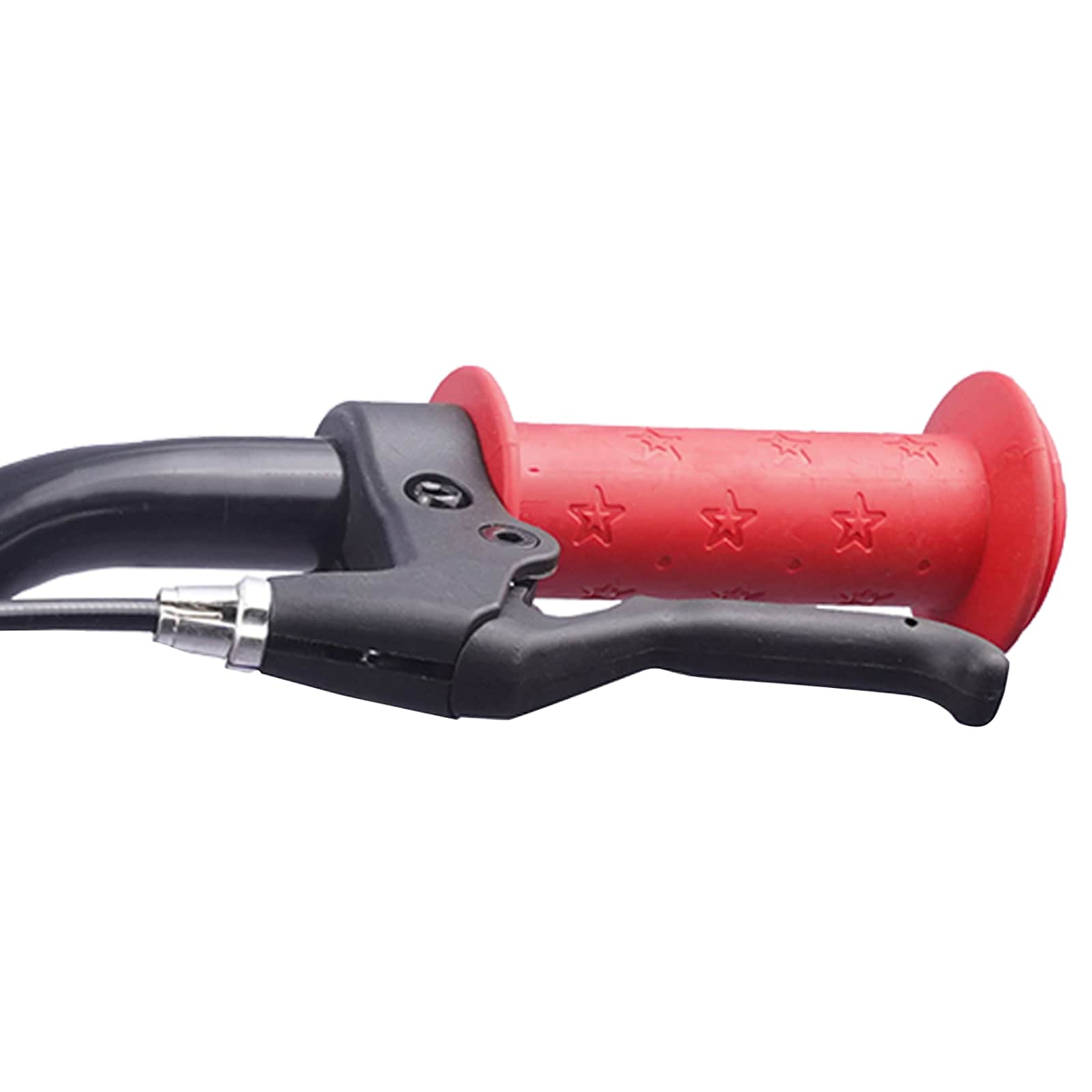 Ein roter Fahrradgriff mit Sternenmuster und einem schwarzen Bremshebel.