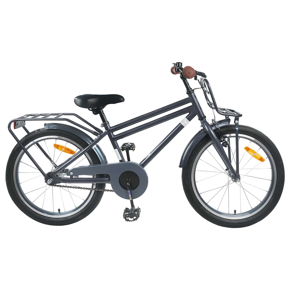 Dunkelgraues Kinderfahrrad mit Gepäckträger vorne und hinten, Schutzblechen.