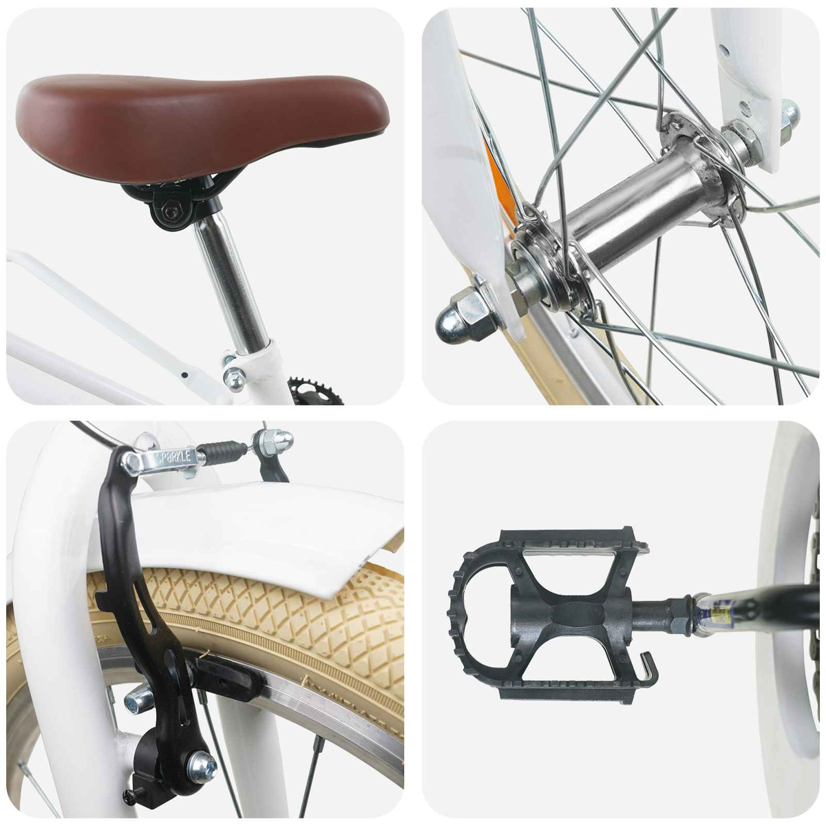 Nahaufnahme eines Fahrrads mit braunem Sattel, Speichen und Pedalen.