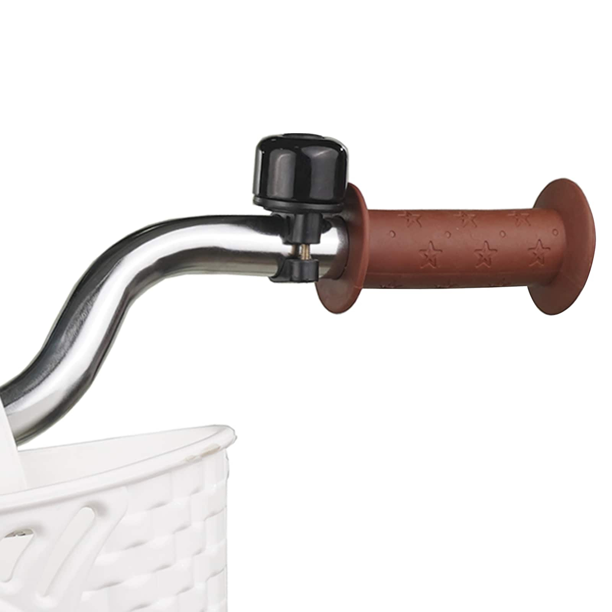 Chromlenker mit braunem Griff und Sternen, schwarze Klingel, weißer Korb.